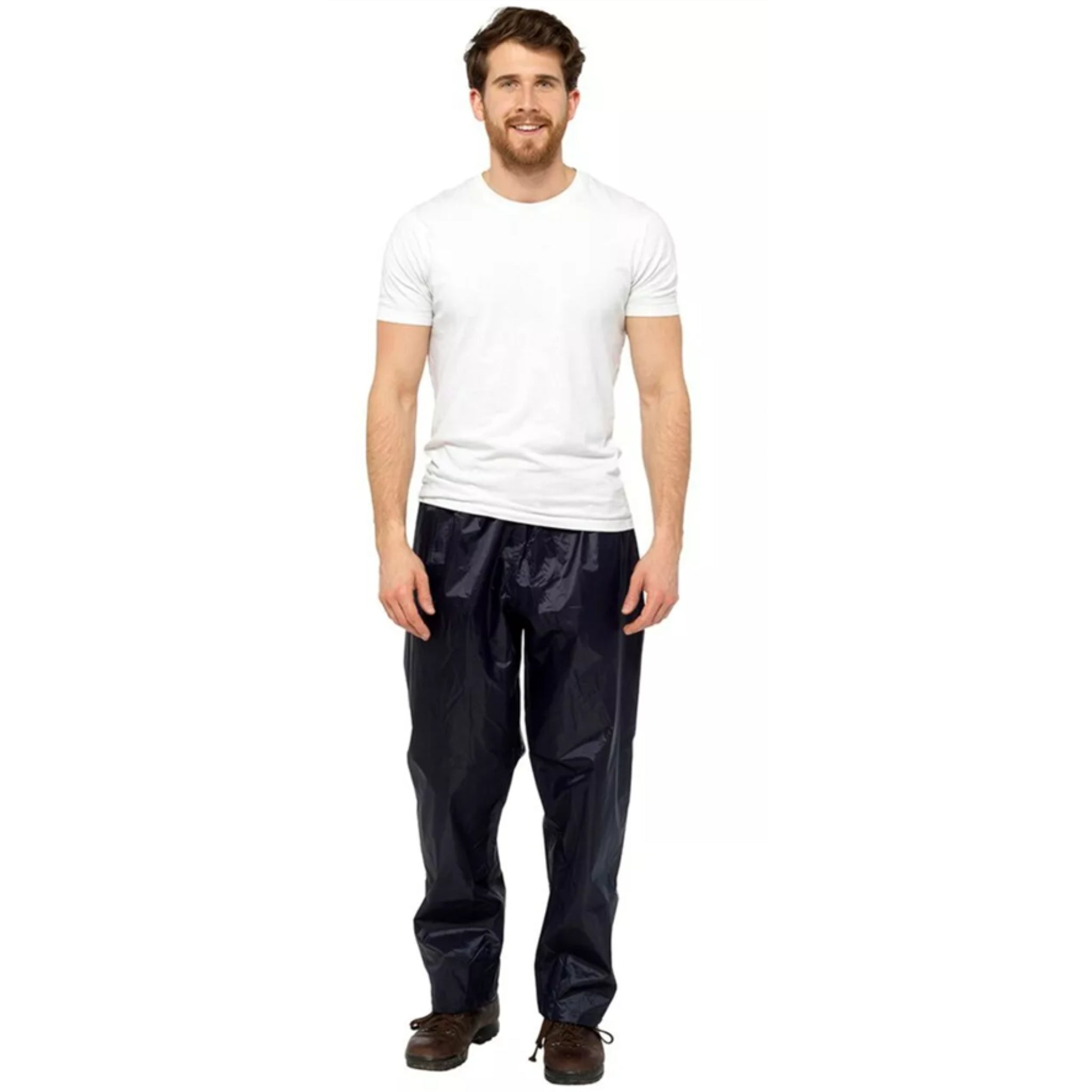 Men's 100% waterproof navy over trousers โ lightweight rain pants for outdoor work, hiking, and wet weather protection